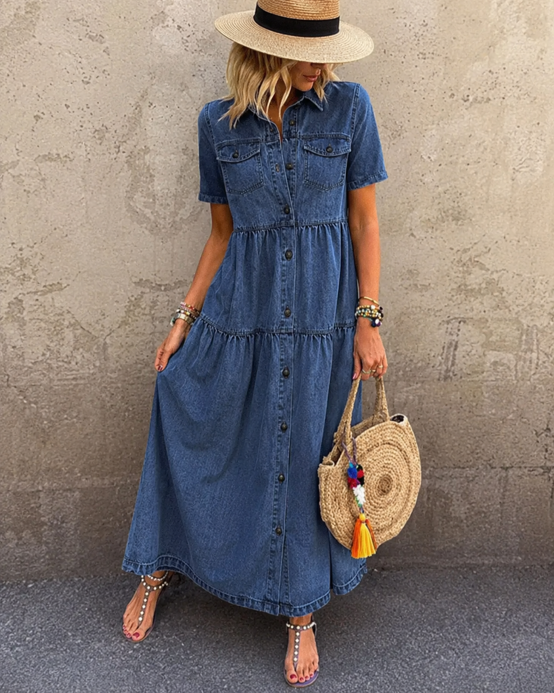 Romy™ | Buikbedekkende Denim Midi Jurk Met Knopen