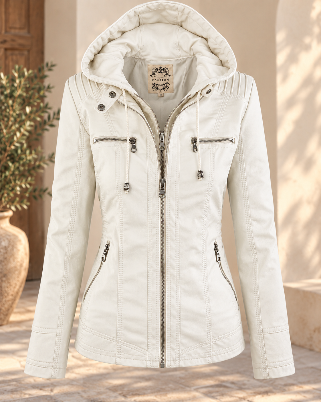 Noëlle™ | Elegante Lerenlook Jas met Capuchon