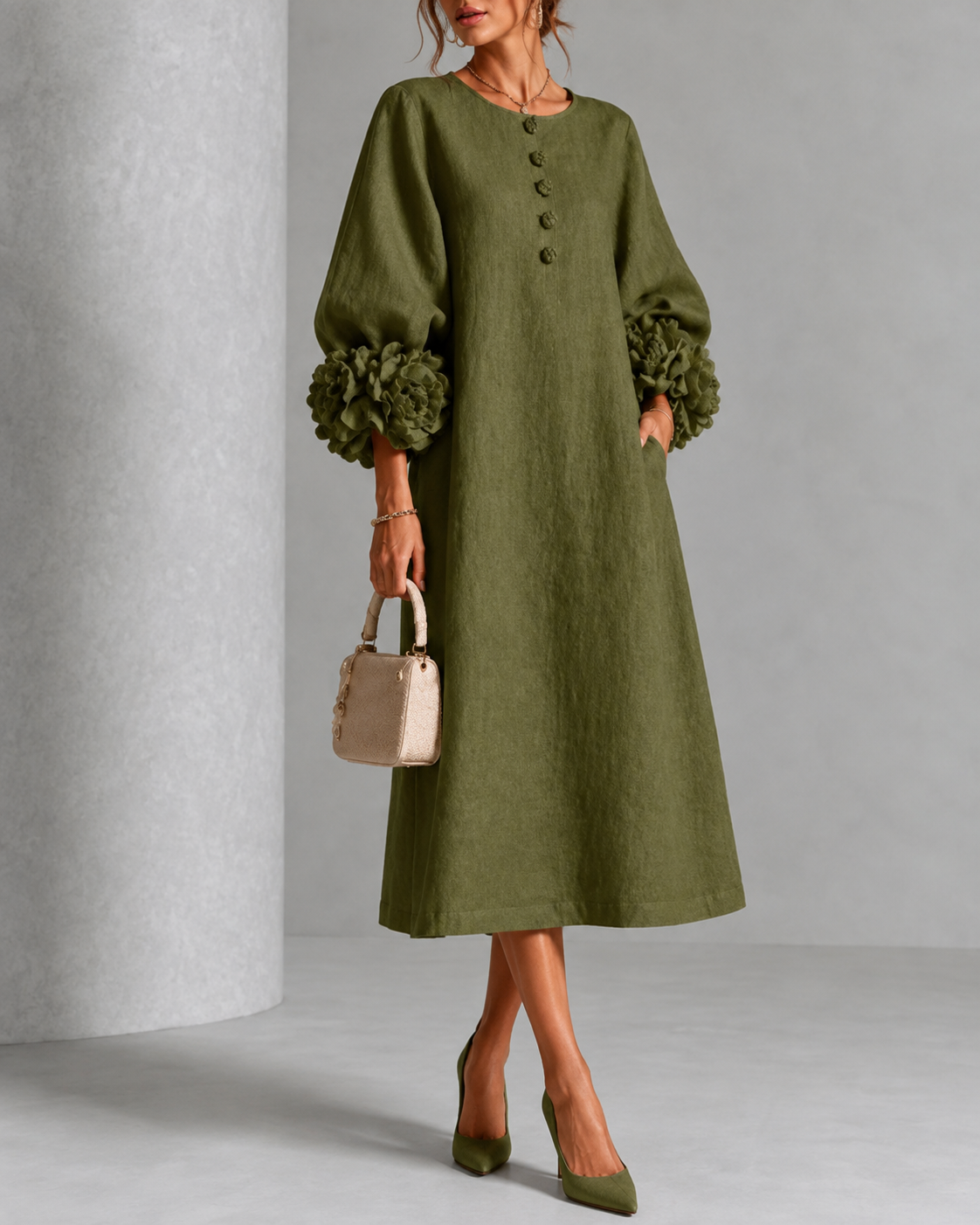 Sore™ | Elegante Buikbedekkende Midi Jurk Met Bloemenmouwen