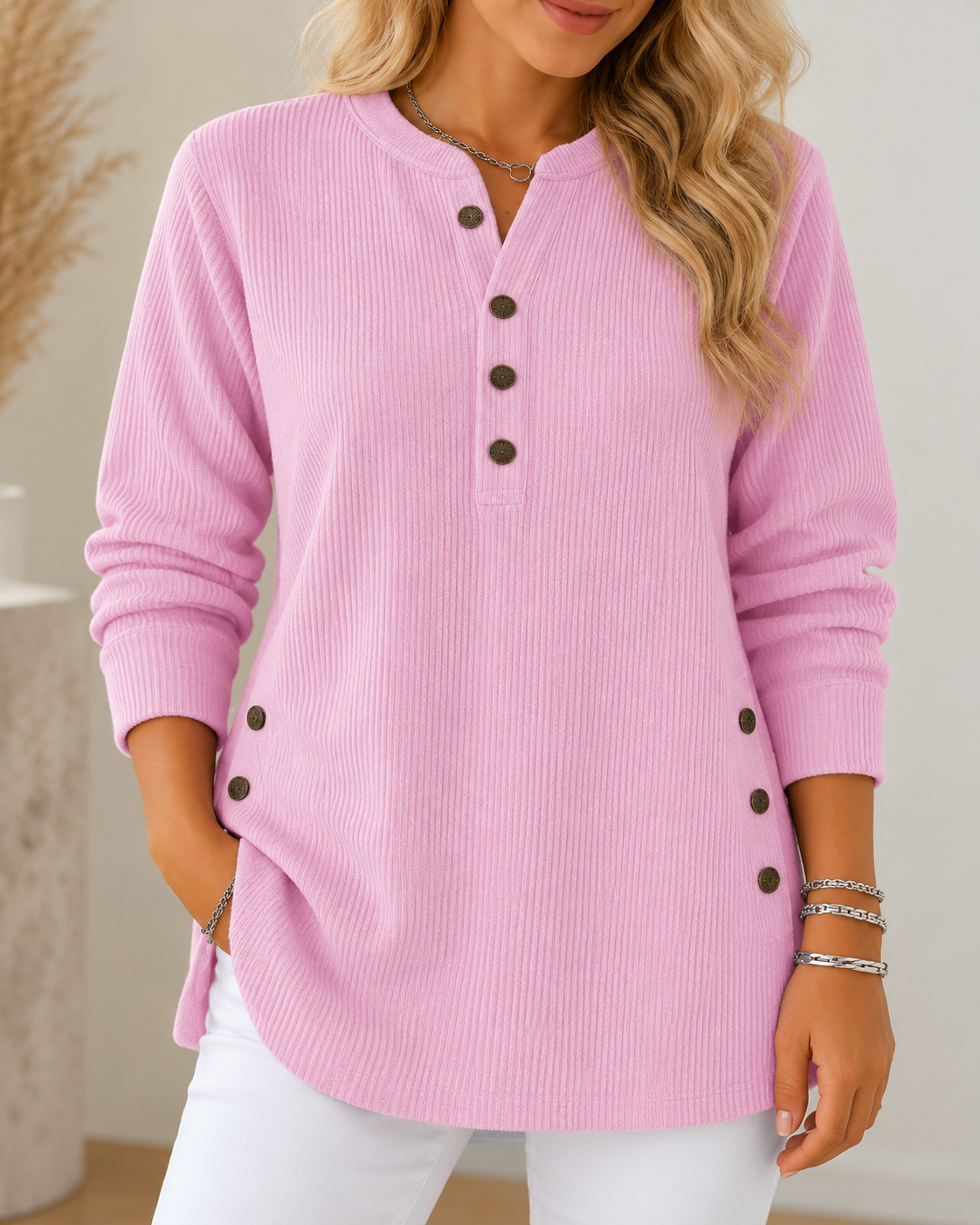 Sora™ | Casual Geribde Trui Met Knopen