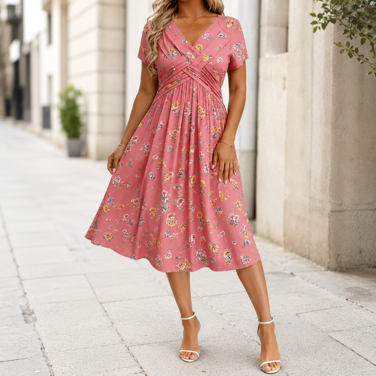 Marloes™ | Gebloemde Buikcamouflerende Midi Jurk Met V-Hals