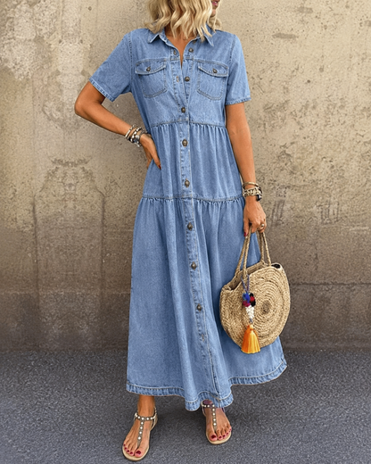 Romy™ | Buikbedekkende Denim Midi Jurk Met Knopen