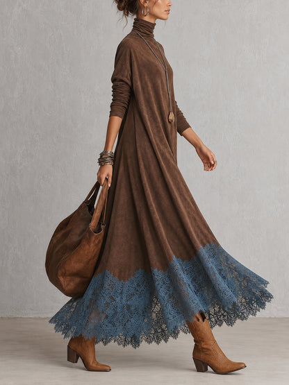 Nynke™ | Elegante Suède-Look Maxi Jurk Met Kanten Zoom