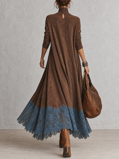 Nynke™ | Elegante Suède-Look Maxi Jurk Met Kanten Zoom