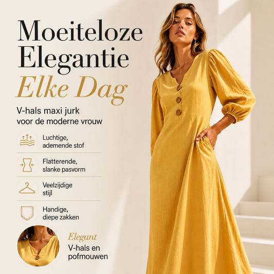 Astrid™ | Buikbedekkende Maxi Jurk Met V-Hals En Zakken