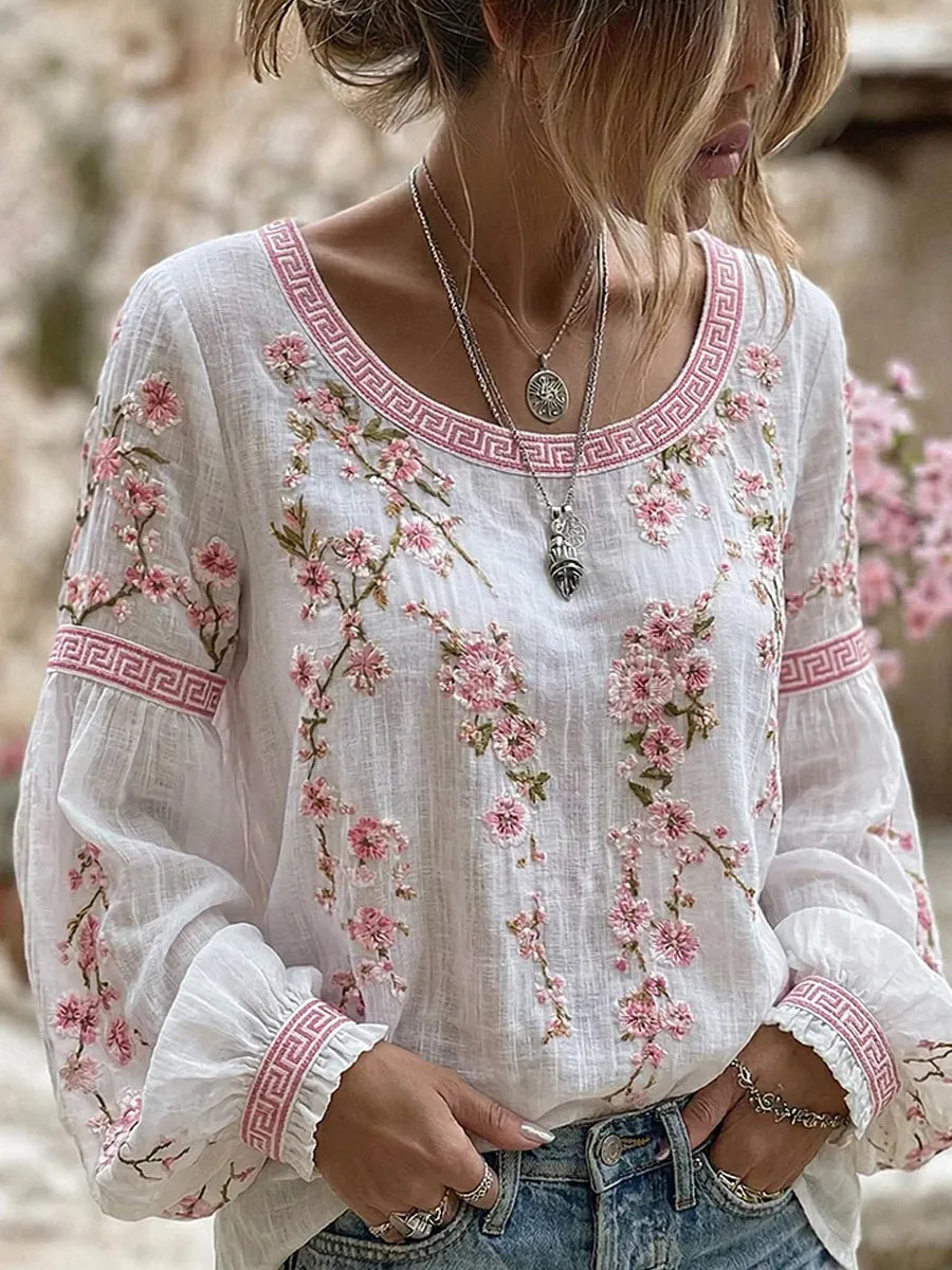 Elin™ | Romantische Geborduurde Bloemenblouse