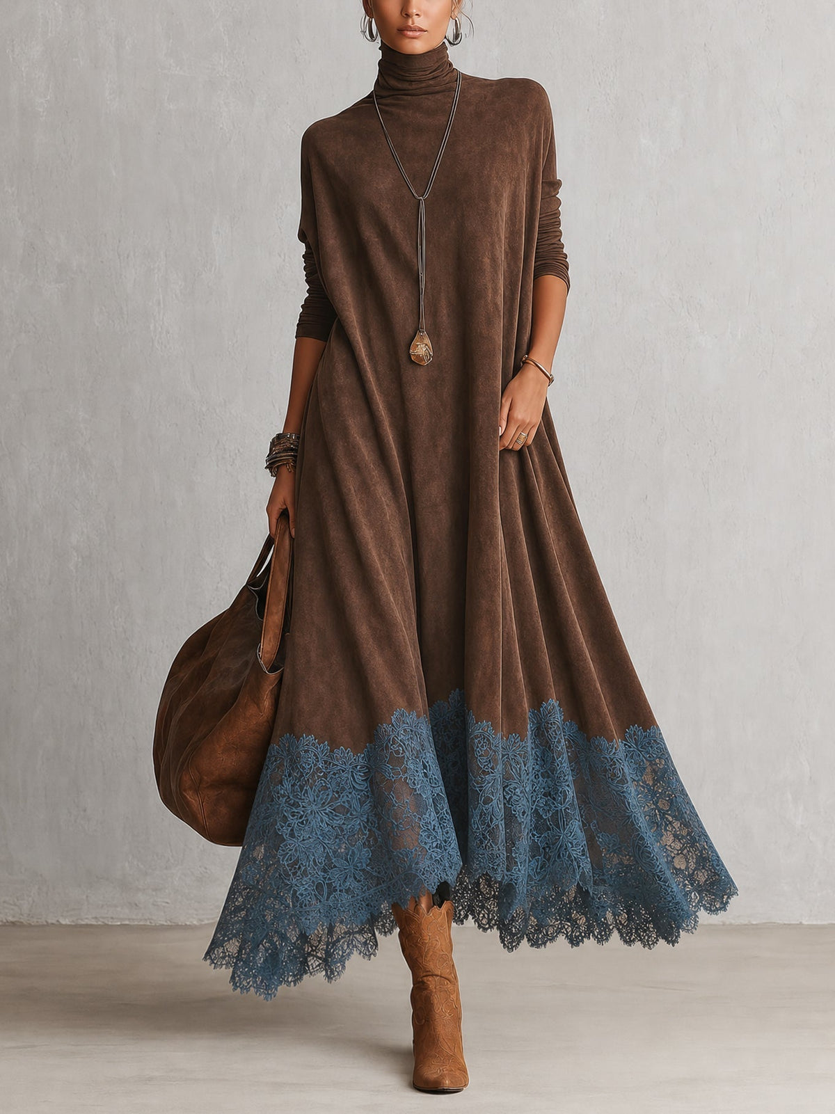 Nynke™ | Elegante Suède-Look Maxi Jurk Met Kanten Zoom
