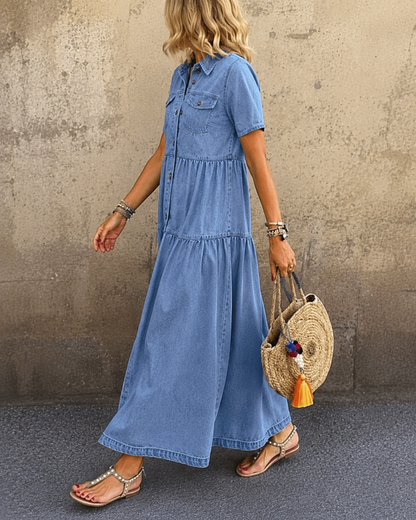 Romy™ | Buikbedekkende Denim Midi Jurk Met Knopen