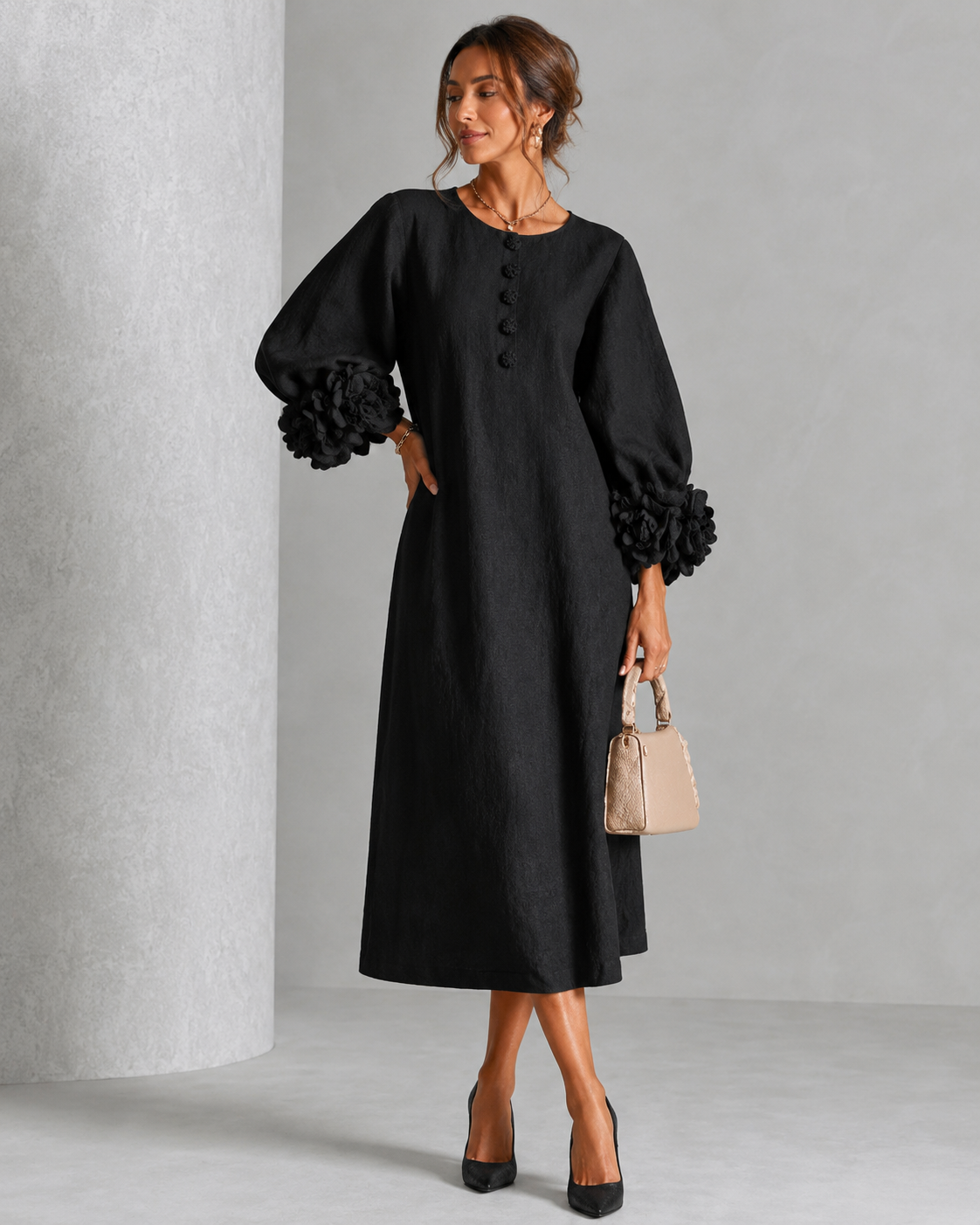 Sore™ | Elegante Buikbedekkende Midi Jurk Met Bloemenmouwen