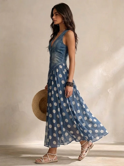 Bianca™ | Denim Maxi Jurk Met Stippen