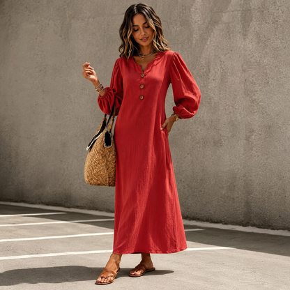 Astrid™ | Buikbedekkende Maxi Jurk Met V-Hals En Zakken