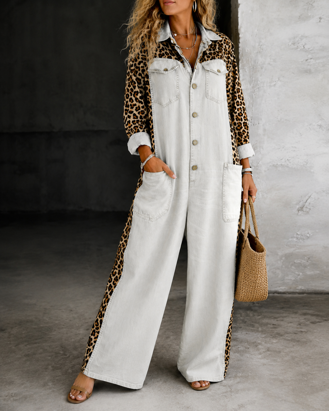 Aven™ | Denim-Look Jumpsuit Met Luipaardprint