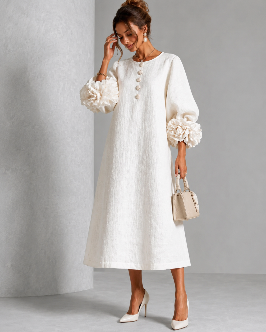 Sore™ | Elegante Buikbedekkende Midi Jurk Met Bloemenmouwen