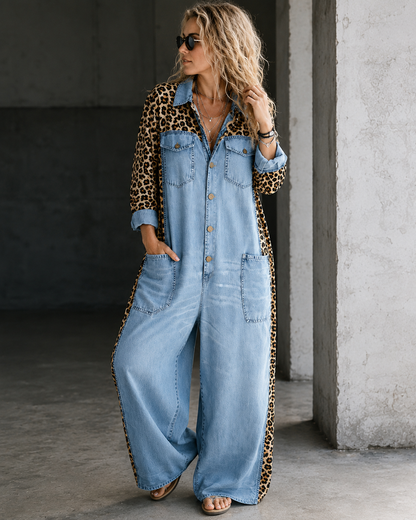 Aven™ | Denim-Look Jumpsuit Met Luipaardprint