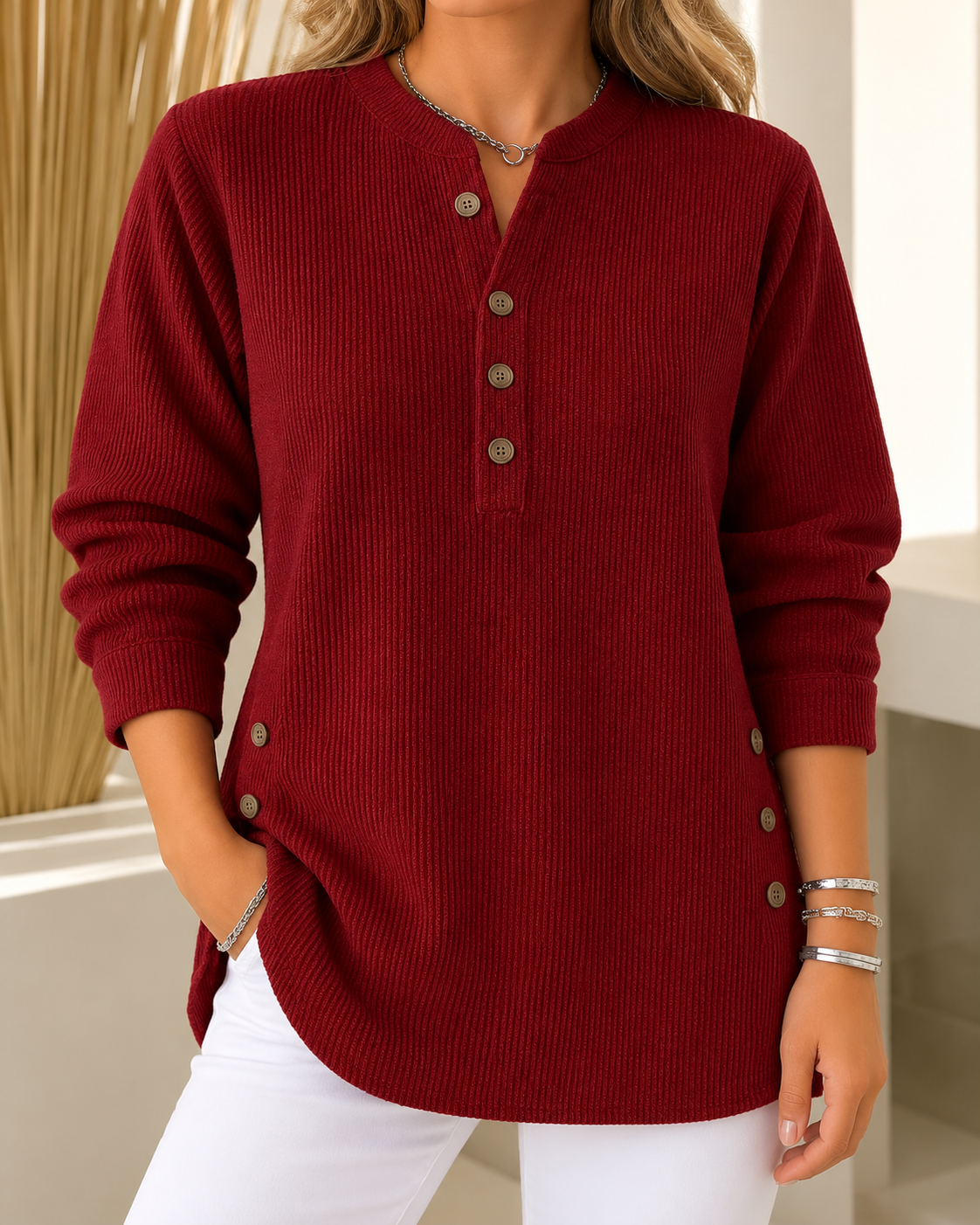 Sora™ | Casual Geribde Trui Met Knopen