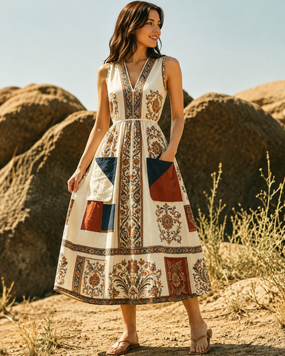 Helma™ | Vintage Patchwork Buikcamouflerende Midi Jurk