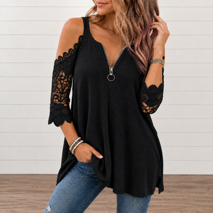 Anja™ | Elegante Off-Shoulder Kanten Top Met Ritssluiting