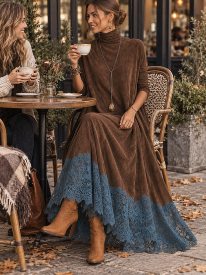 Nynke™ | Elegante Suède-Look Maxi Jurk Met Kanten Zoom