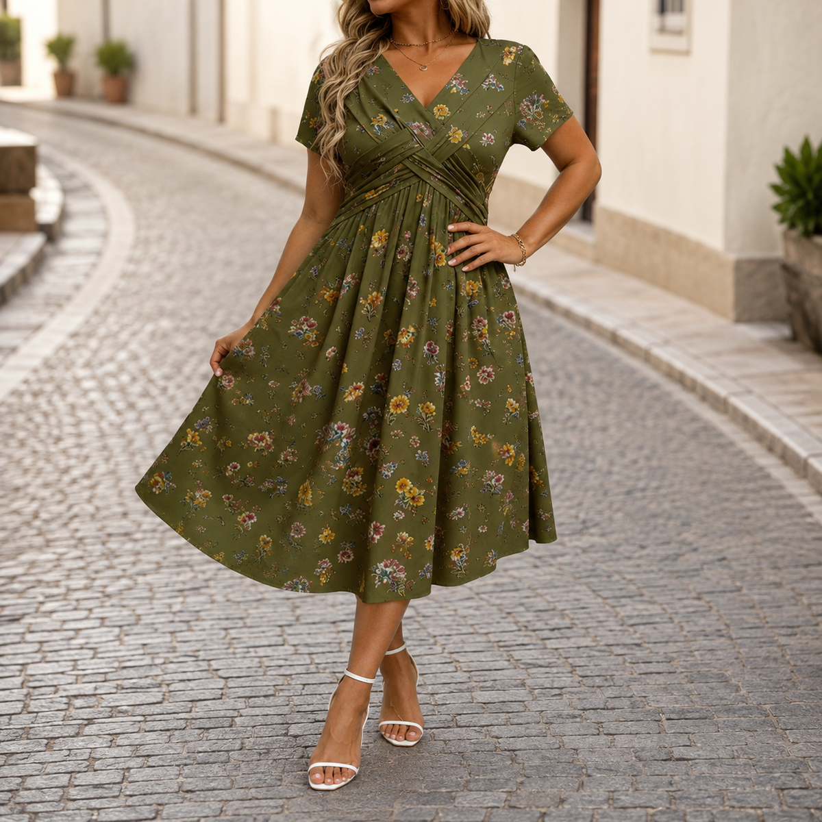 Marloes™ | Gebloemde Buikcamouflerende Midi Jurk Met V-Hals