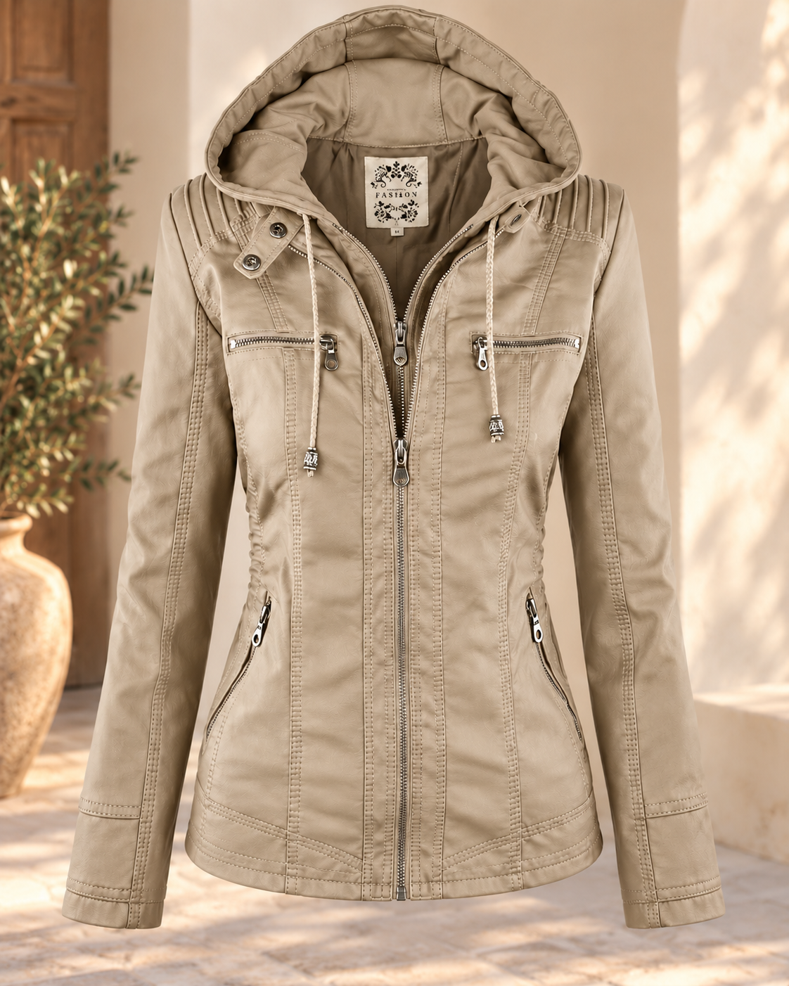 Noëlle™ | Elegante Lerenlook Jas met Capuchon
