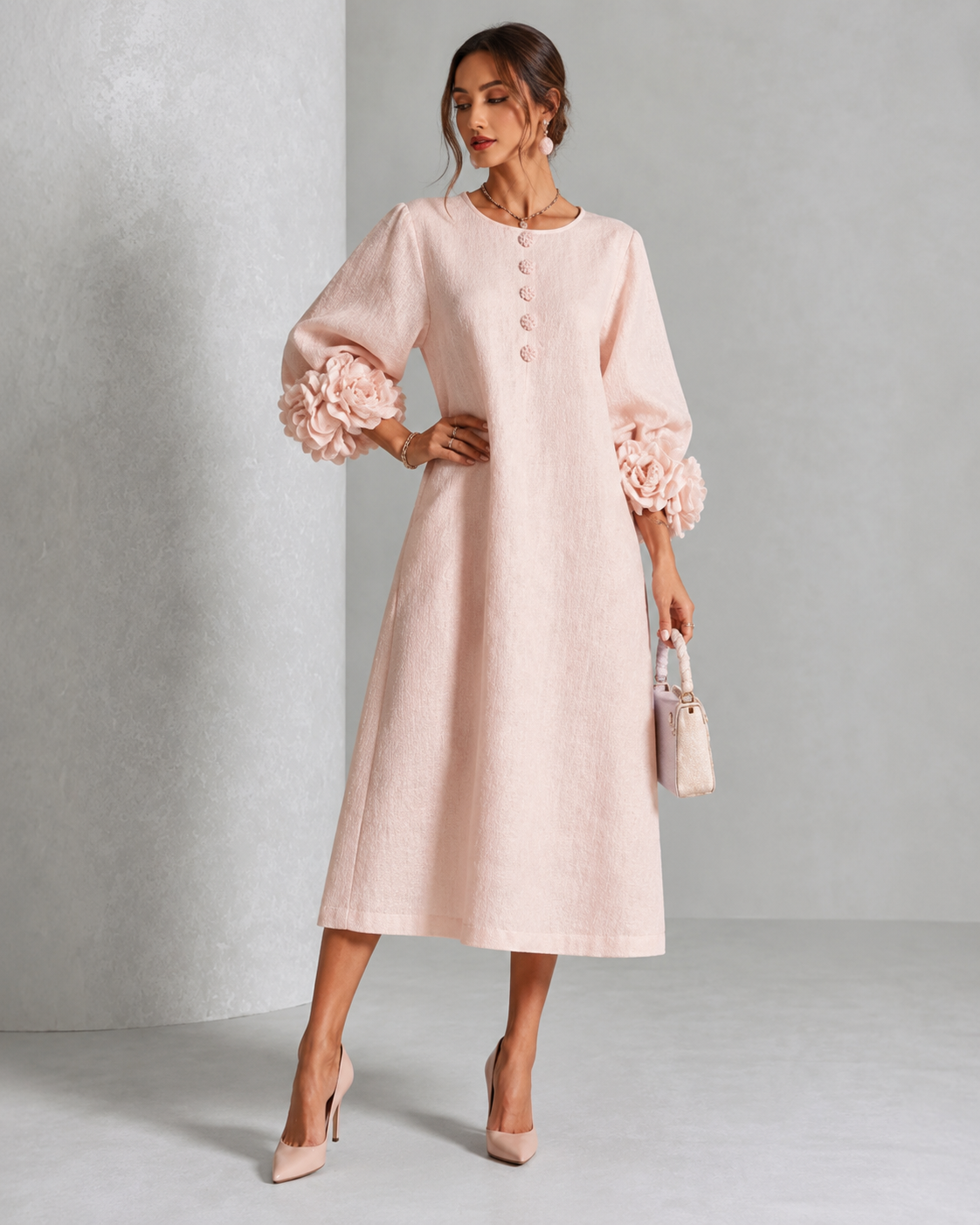 Sore™ | Elegante Buikbedekkende Midi Jurk Met Bloemenmouwen