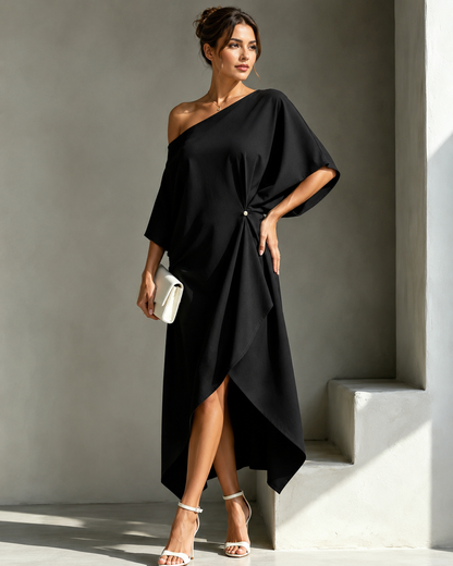Gea™ | Buikbedekkende Gedrapeerde Asymmetrische Midi Jurk