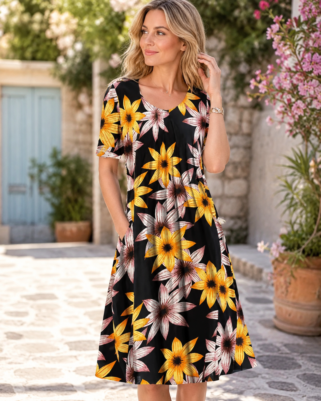 Margriet™ | Gebloemde Buikcamouflerende Midi Jurk