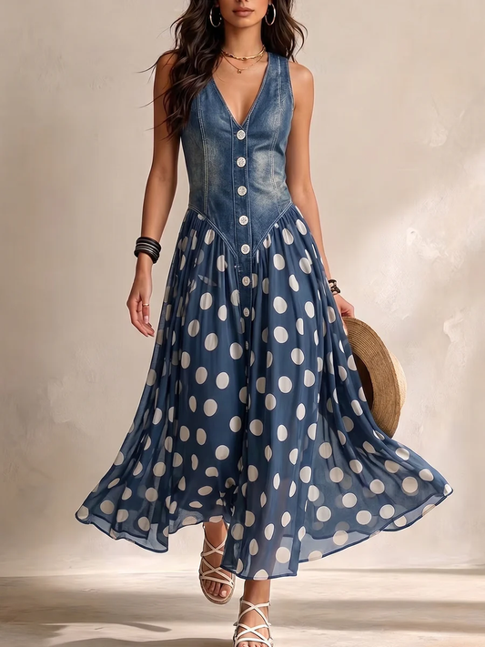 Bianca™ | Denim Maxi Jurk Met Stippen