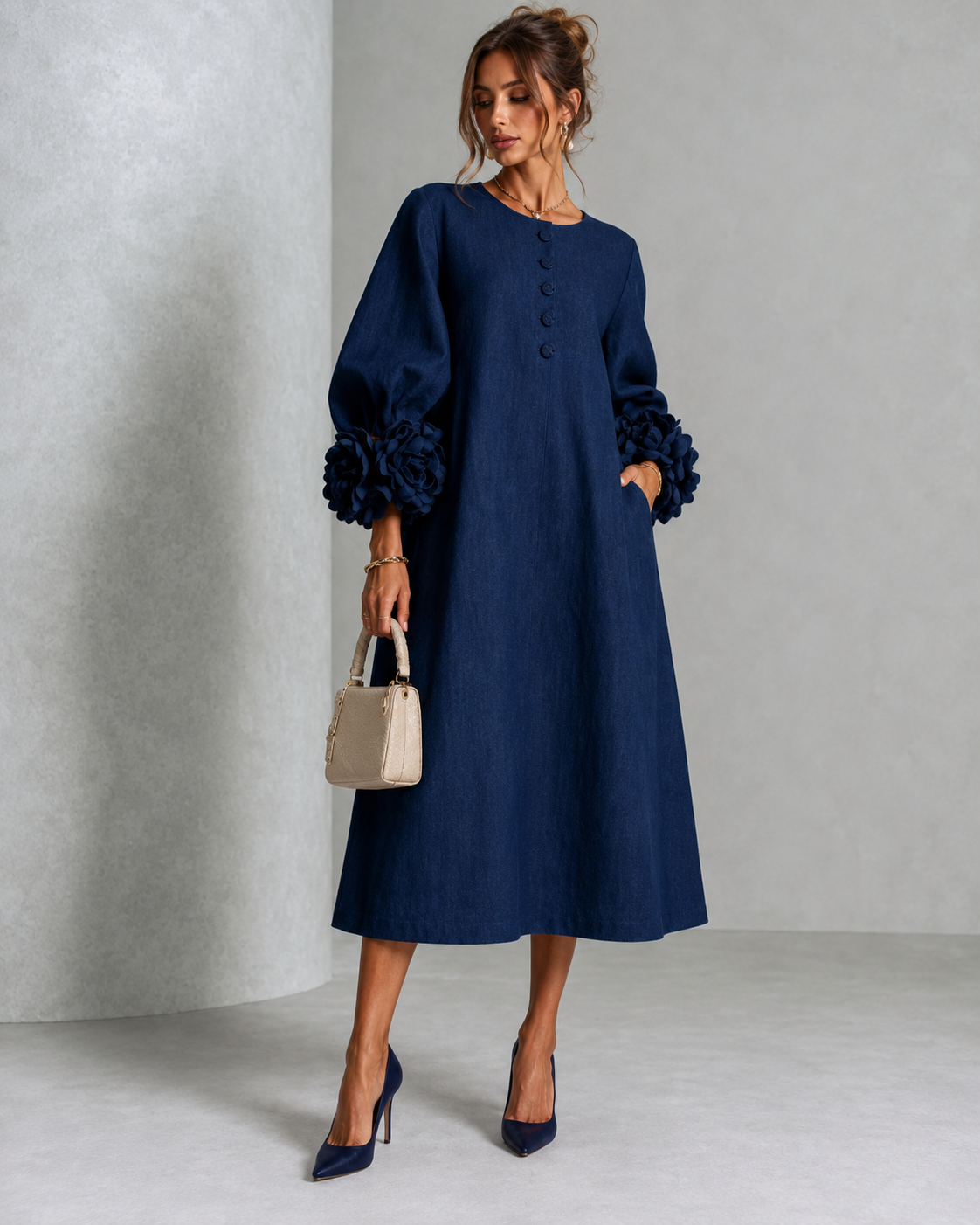Sore™ | Elegante Buikbedekkende Midi Jurk Met Bloemenmouwen