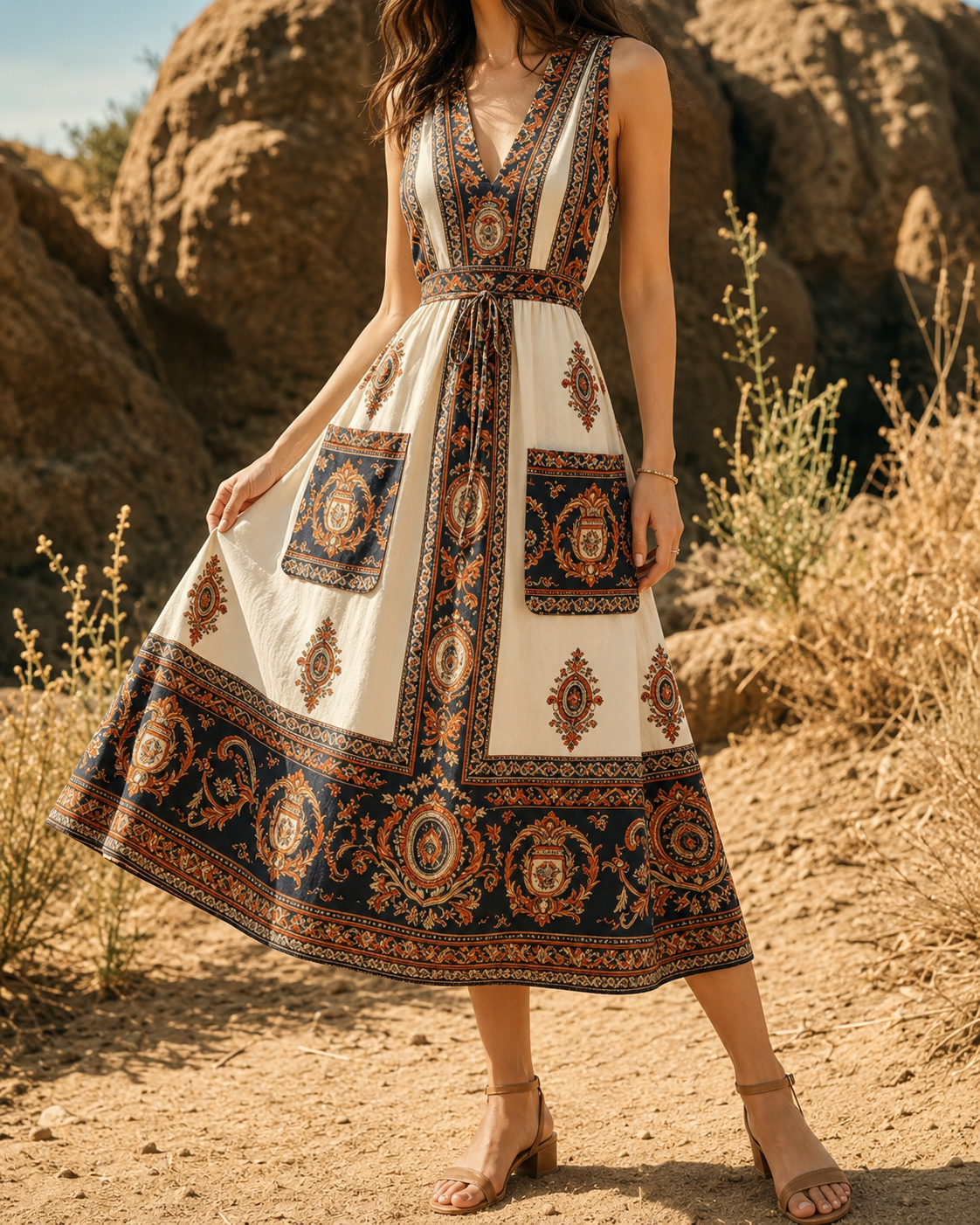Helma™ | Vintage Patchwork Buikcamouflerende Midi Jurk