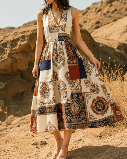 Helma™ | Vintage Patchwork Buikcamouflerende Midi Jurk