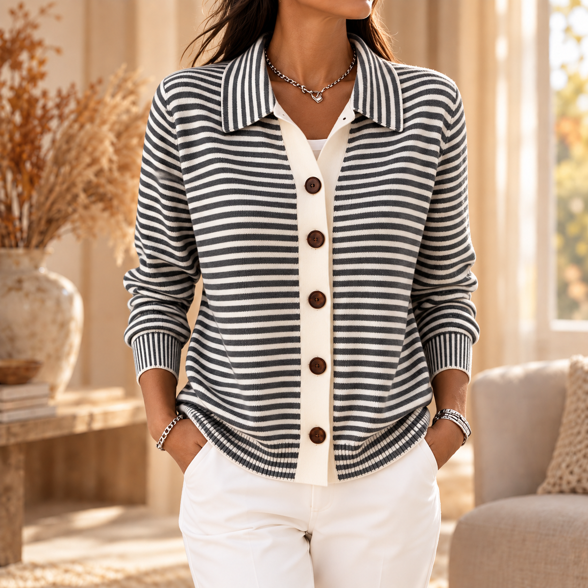 Lotte™ | Gestreept Vest met Kraag en Knopen 3