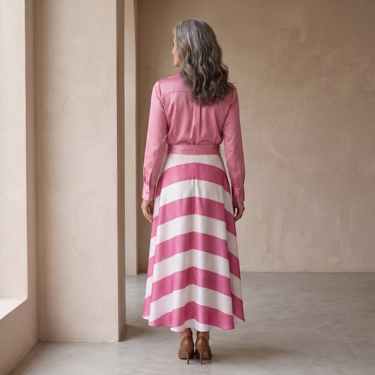 Monique™ | Elegante Buikbedekkende Gestreepte Maxi Jurk Met Ceintuur 10