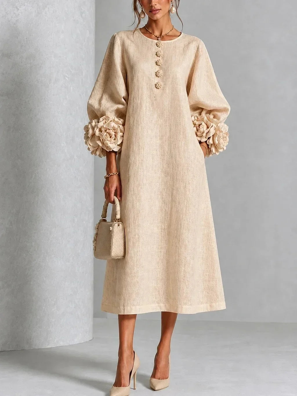 Sore™ | Elegante Buikbedekkende Midi Jurk Met Bloemenmouwen