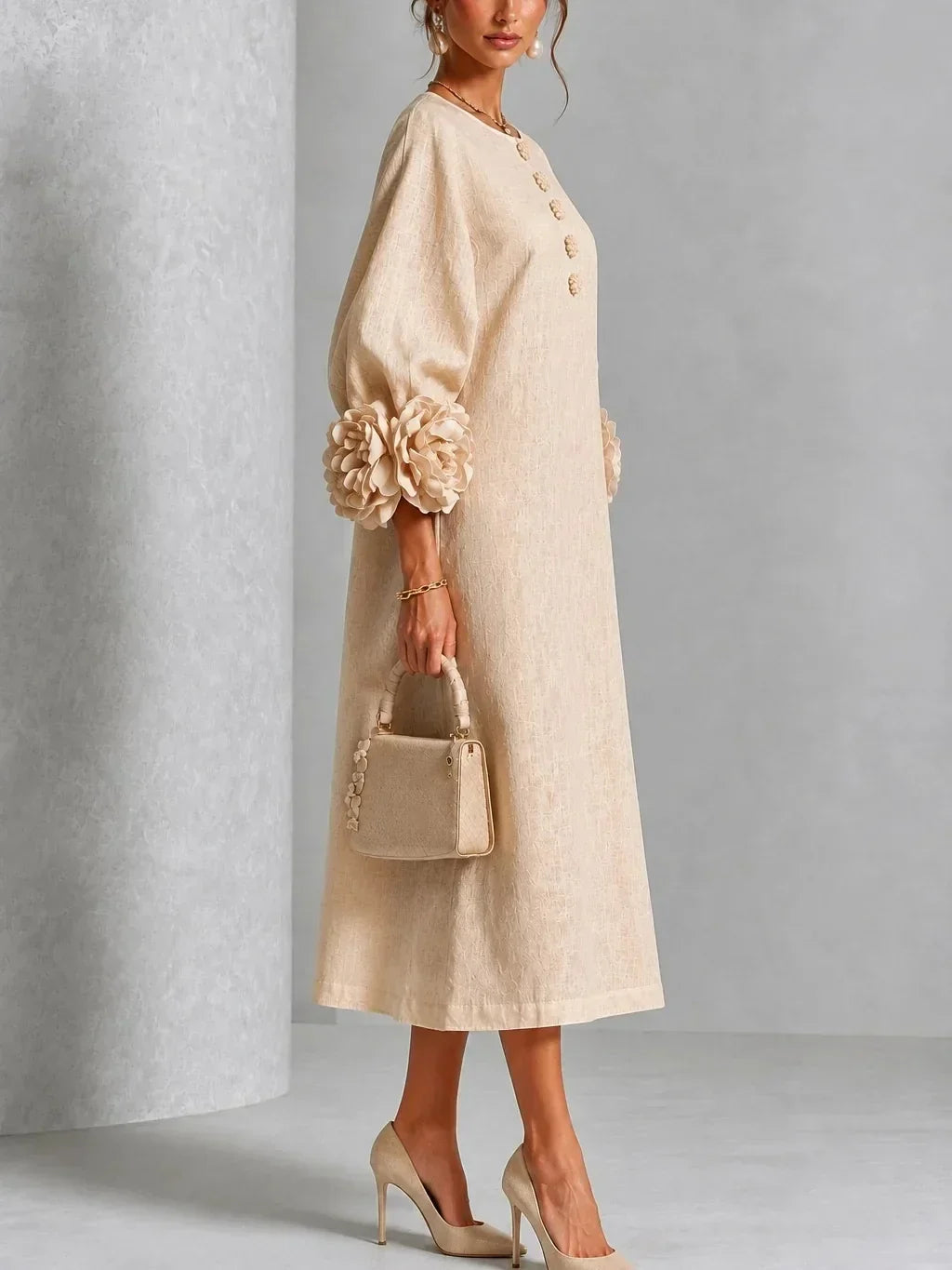 Sore™ | Elegante Buikbedekkende Midi Jurk Met Bloemenmouwen