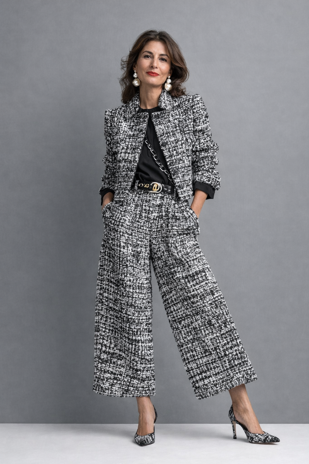 Roos™ | Tweed Tweedelige Set met Jasje en Wijde Broek