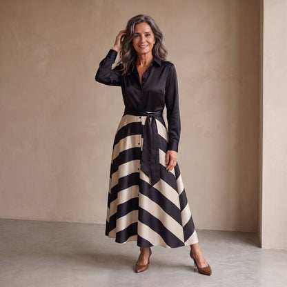 Monique™ | Elegante Buikbedekkende Gestreepte Maxi Jurk Met Ceintuur 5