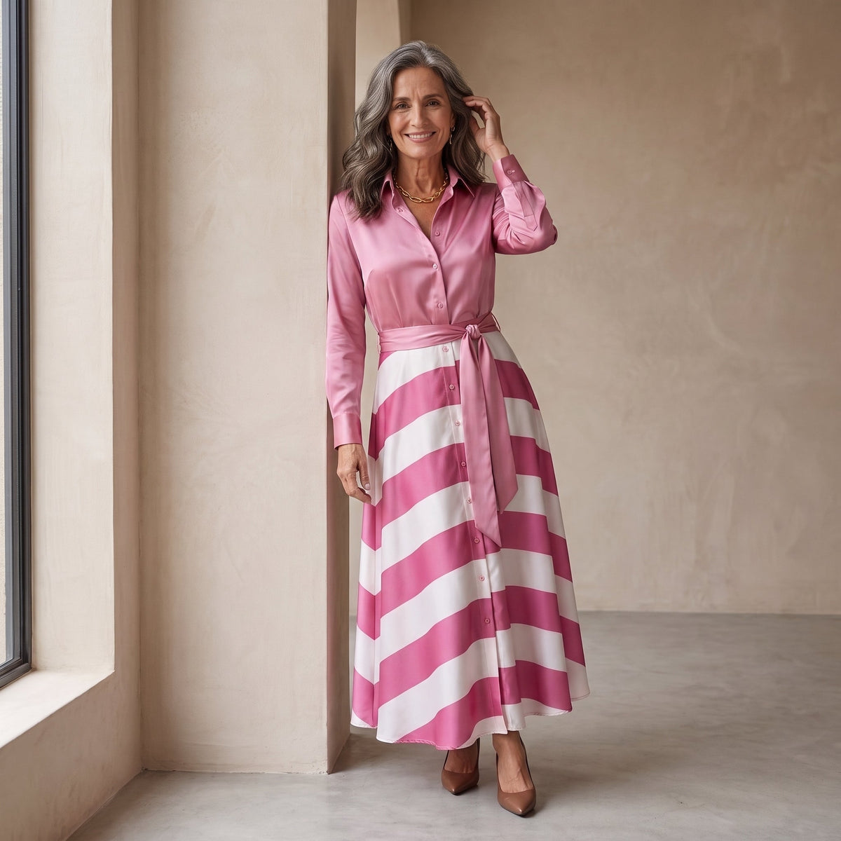 Monique™ | Elegante Buikbedekkende Gestreepte Maxi Jurk Met Ceintuur 9