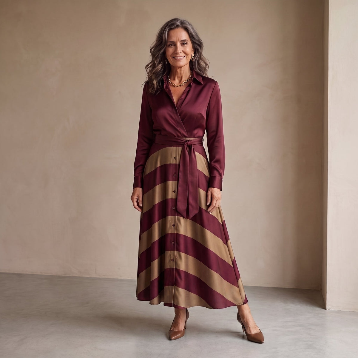 Monique™ | Elegante Buikbedekkende Gestreepte Maxi Jurk Met Ceintuur 4