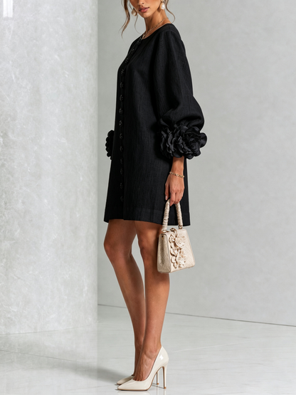 Nina™ | Losvallende Jurk met Knoopsluiting en Rozetmouwen 15