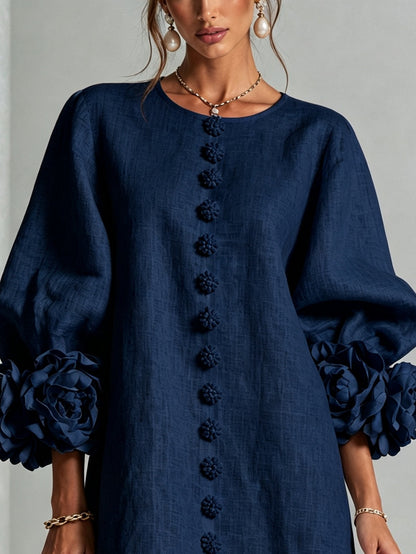 Nina™ | Losvallende Jurk met Knoopsluiting en Rozetmouwen 24