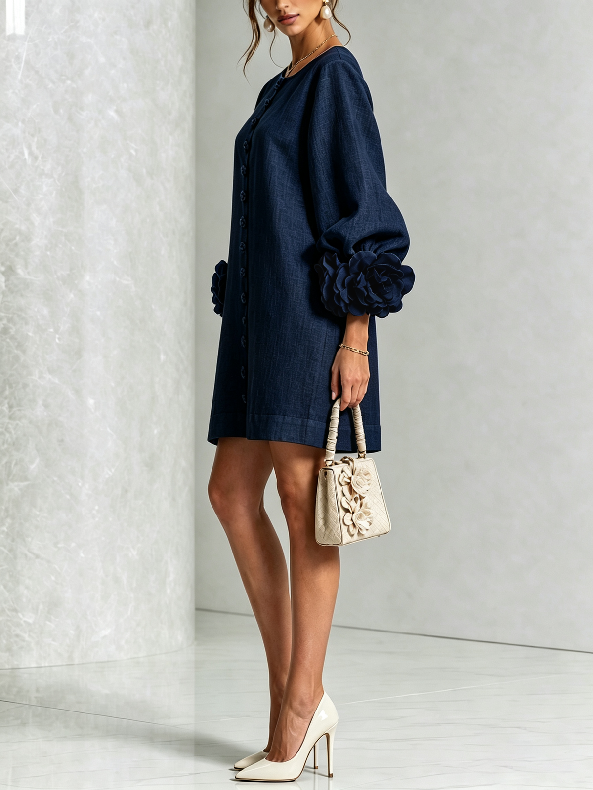 Nina™ | Losvallende Jurk met Knoopsluiting en Rozetmouwen 21