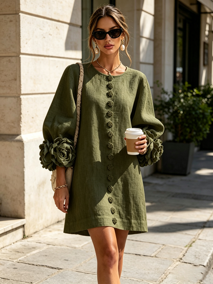 Nina™ | Losvallende Jurk met Knoopsluiting en Rozetmouwen 29