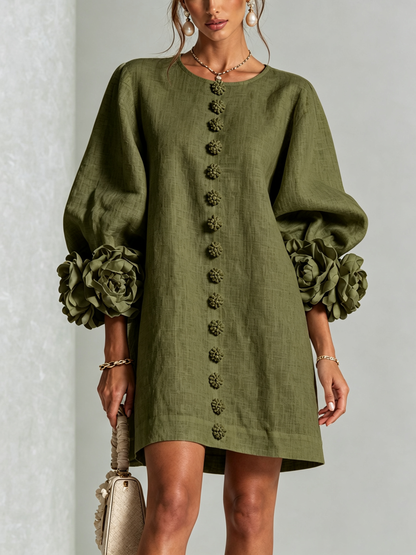 Nina™ | Losvallende Jurk met Knoopsluiting en Rozetmouwen 26