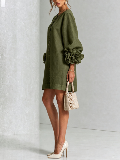 Nina™ | Losvallende Jurk met Knoopsluiting en Rozetmouwen 27
