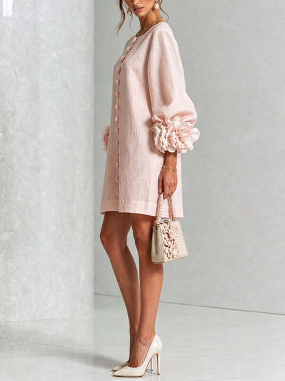 Nina™ | Losvallende Jurk met Knoopsluiting en Rozetmouwen 2