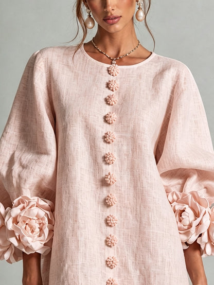 Nina™ | Losvallende Jurk met Knoopsluiting en Rozetmouwen 5