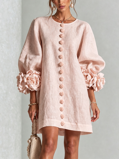 Nina™ | Losvallende Jurk met Knoopsluiting en Rozetmouwen