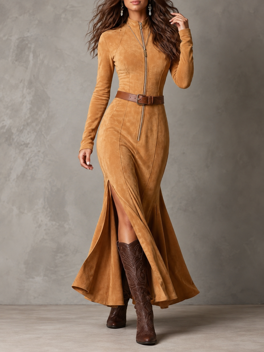 Marcella™ | Suède-Look Maxi Jurk met Ceintuur