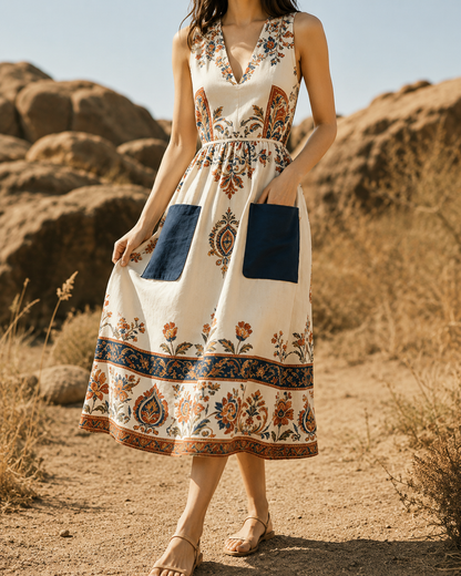 Helma™ | Vintage Patchwork Buikcamouflerende Midi Jurk